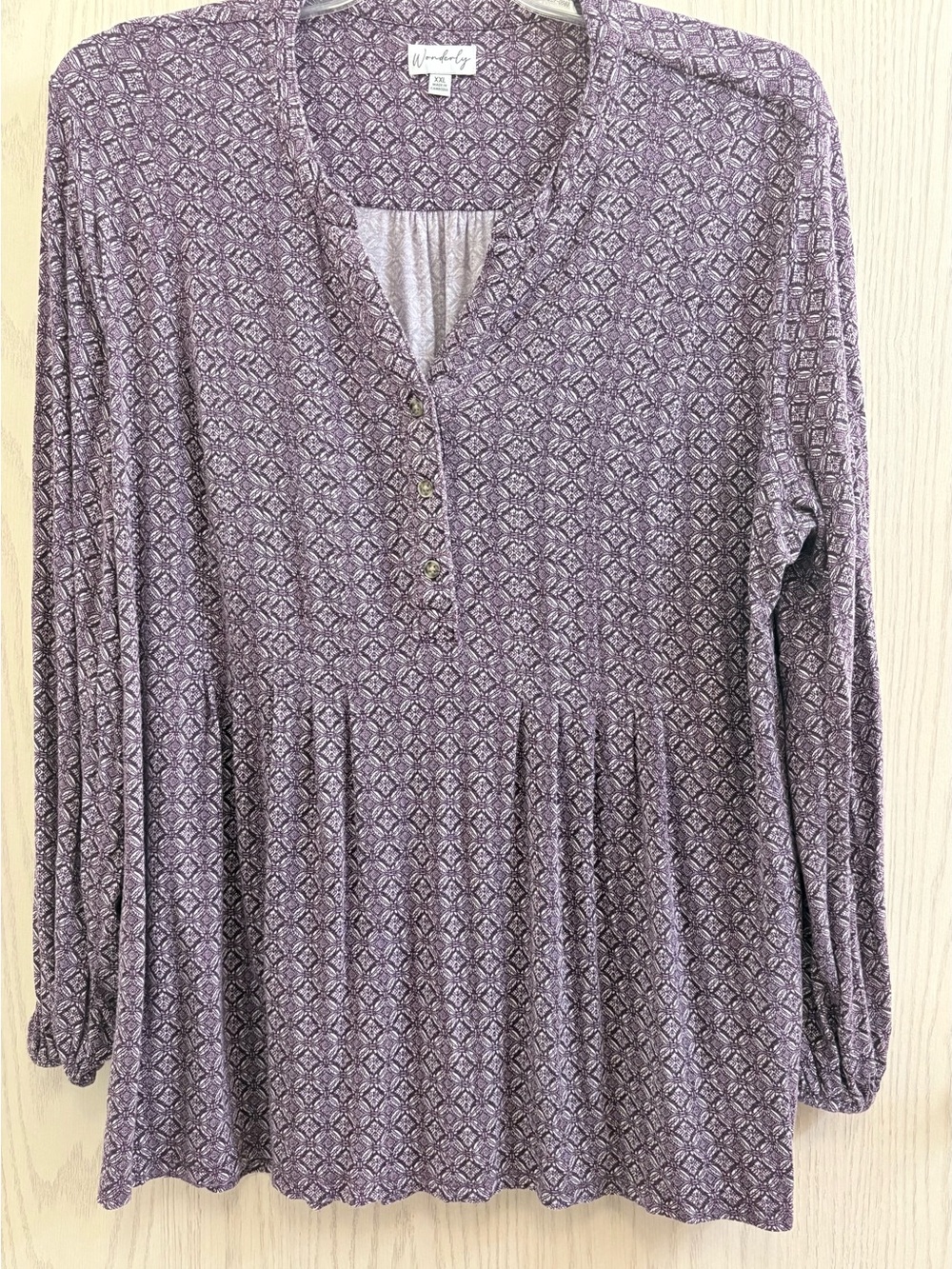 Wonderly Purple Geometric pleated Henley Tunic